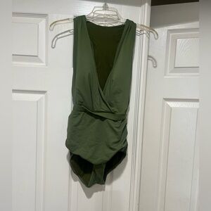 Sunseeker Navy Green Deep V front‎  One Piece Swimsuit size medium